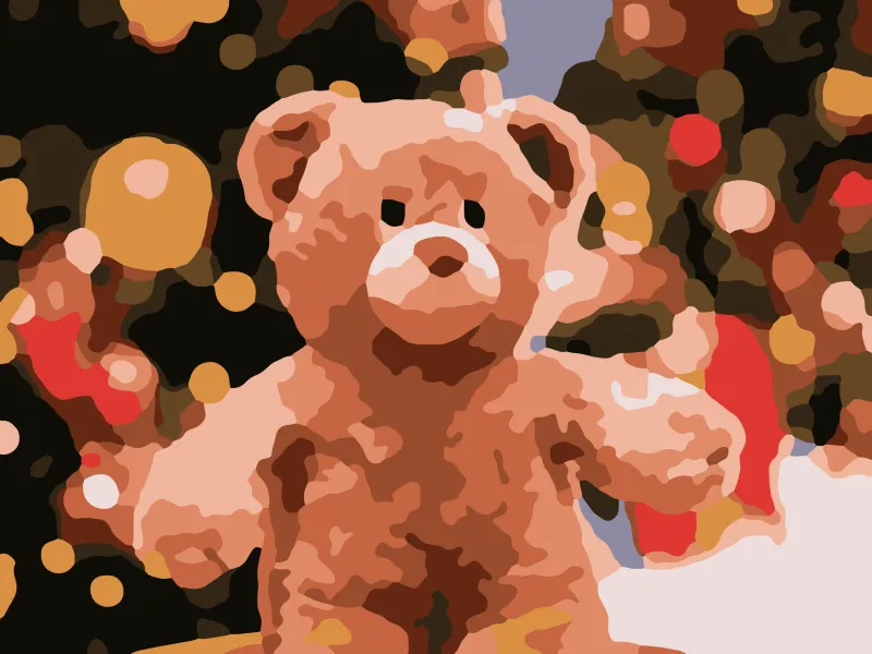 A smiling teddy bear among coloured lights as a simple paint-by-numbers with big areas